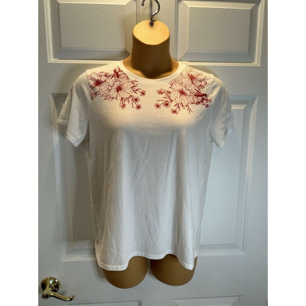 Lucky Brand Womens XL Red Floral Outline Print White  Short Sleeve Top Shirt